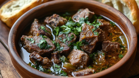 Savory lamb stew with tender meat and a rich broth, served with crusty bread.の素材