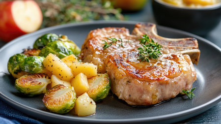 Savory pork chops with a side of apple sauce and roasted Brussels sprouts.の素材