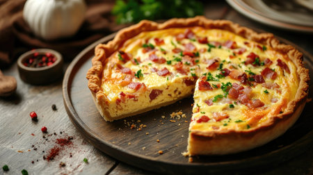 Savory quiche Lorraine with bacon and cheese, beautifully plated.の素材