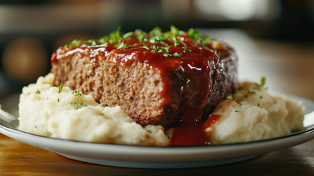 Savory meatloaf with a tangy tomato glaze and a side of mashed potatoes.の素材
