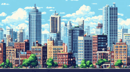 8-bit style pixel art of a vibrant cityscape, perfect for retro-themed designs.の素材