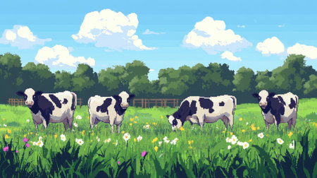 Nostalgic 8-bit pixel art of cows in a digital farm setting, perfect for retro and modern blend designsの素材