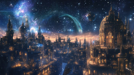 A majestic fantasy city with buildings touching a starry night sky, full of intricate details.の素材