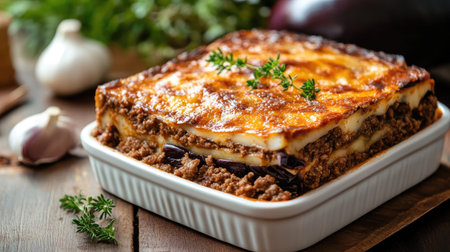 Traditional Greek moussaka with layers of eggplant, ground meat, and chamel sauce.の素材