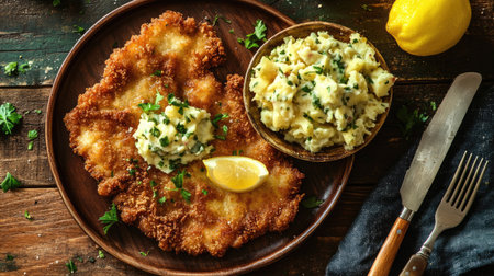 Traditional German schnitzel with a side of potato salad and lemon wedge.の素材