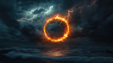 Dramatic scene of a flaming ring in the stormy night sky, lightning illuminating the intense atmosphere as it floats over dark water.の素材