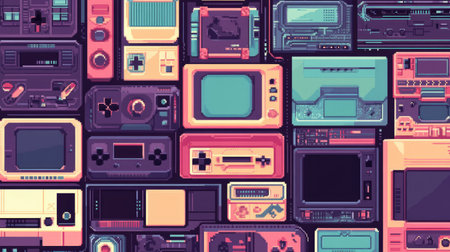 Colorful pixel art background with retro video game aesthetics, featuring vintage digital patterns.の素材