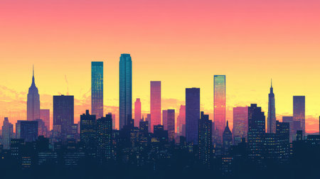 City skyline silhouette at sunset in vector style, highlighting skyscrapers against a colorful sky.の素材