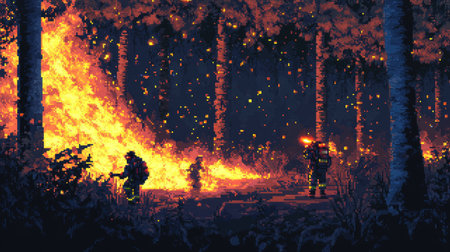 Intricate pixel art of galaxy firefighters fighting fires in a space forest, highlighting contrasting hues.の素材