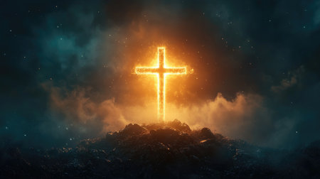 Cross of light against a dark backdrop, creating a visually impactful and spiritual scene.の素材