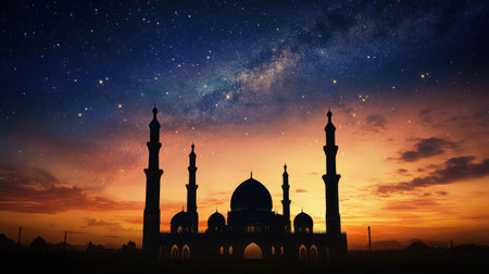 Peaceful Islamic night scene with mosque silhouettes under a starry sky, transitioning to sunrise, symbolizing a new day.の素材