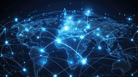 Global networking concept with a world map, highlighting connections through computers and digital devicesの素材