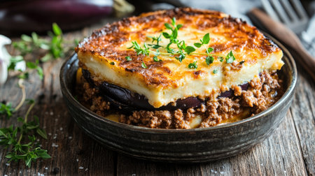 Traditional Greek moussaka with layers of eggplant, ground meat, and chamel sauce.の素材