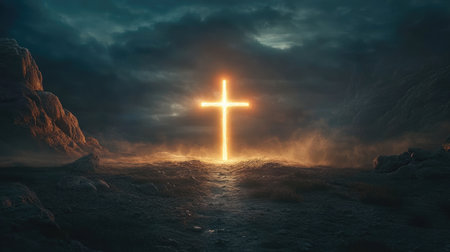 Glowing cross of light in a dramatic setting, symbolizing hope and spirituality.の素材