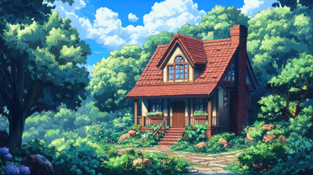 A charming 8-bit house amidst a lush, green forest, with vibrant daytime colors for an anime isekai backdrop.の素材