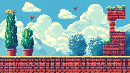 Colorful pixel art background with retro video game aesthetics, featuring vintage digital patterns.の素材