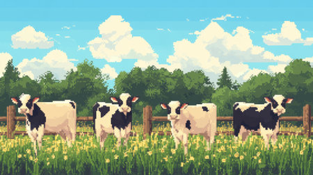Nostalgic 8-bit pixel art of cows in a digital farm setting, perfect for retro and modern blend designsの素材