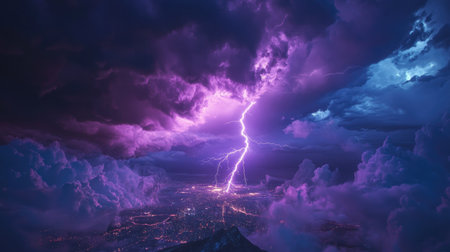 Dramatic lightning storm over a city with purple lighting, highlighting the intense atmospheric conditions.の素材
