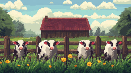 Nostalgic 8-bit pixel art of cows in a digital farm setting, perfect for retro and modern blend designsの素材