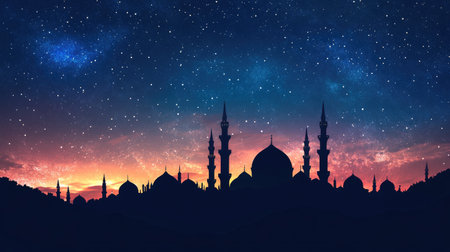 Peaceful Islamic night scene with mosque silhouettes under a starry sky, transitioning to sunrise, symbolizing a new day.の素材