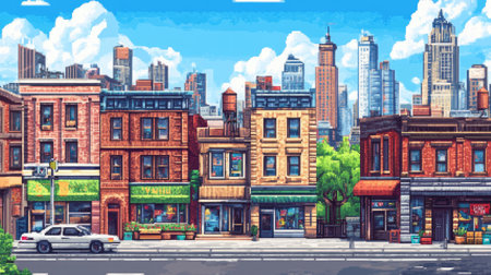 Retro city in 8-bit pixel art, showcasing a vibrant urban landscape with nostalgic vibes.の素材