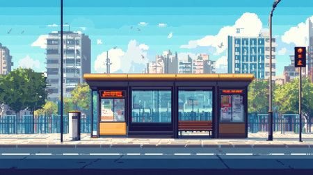 Retro pixel art cityscape featuring a bus stop, with detailed urban elements and AI-generated design.の素材