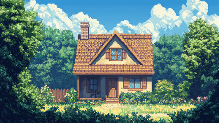 Pixel art of a cozy 8-bit house surrounded by greenery, ideal for a nostalgic, retro feel.の素材