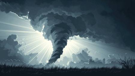 Silhouette of a tornado and storm clouds, with sun rays illuminating the gray skyの素材