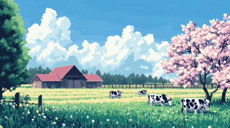 Retro 8-bit farm scene with pixelated cows, capturing a nostalgic yet modern pixel art aesthetic.の素材