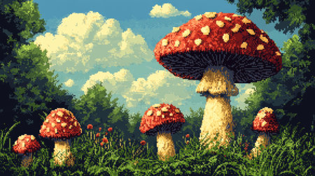 Retro-style 8-bit mushrooms, capturing the charm of vintage video games.の素材