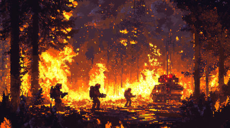 Pixel art of galaxy firefighters battling space forest fires, with contrasting colors and intricate details.の素材