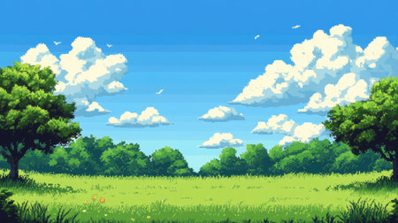 Retro pixel art landscape for a game, featuring a summer day scene with blue sky, clouds, and grass.の素材