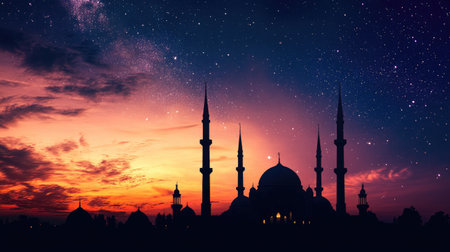 Silhouetted mosques against a sky changing from starry night to sunrise glow, representing hope and new beginnings.の素材