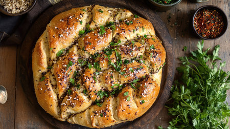 Top view of a flavorful Jamaican festival bread with jerk chicken, perfect for a spicy food displayの素材