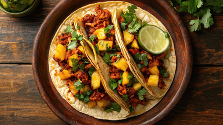 A delicious plate of Mexican tacos al pastor with pineapple and cilantro, viewed from above.の素材