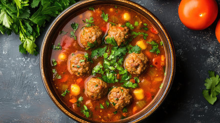 A delicious bowl of Mexican albondigas soup with meatballs and vegetables, viewed from above.の素材