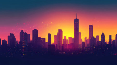 Vector illustration of a silhouette city skyline at sunset, with vibrant colors and detailed skyscrapers.の素材