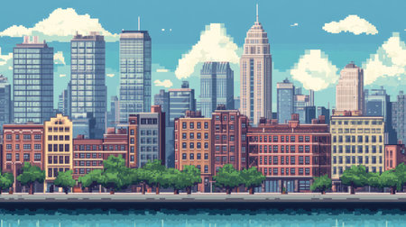 Vintage 8-bit pixel art of a retro big city, perfect for nostalgic game designsの素材