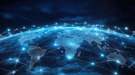 Symbol of global networking, showcasing a world map and interconnected digital communities.の素材