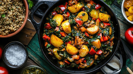 Top view of a flavorful Jamaican callaloo with salted fish, perfect for a hearty breakfast display.の素材