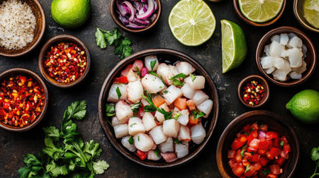 Peruvian ceviche with fresh fish, lime, and chili, arranged beautifully from above.の素材