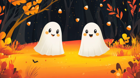 Cheerful ghosts and candy corn in a cartoon Halloween background, with space for your Halloween greetingsの素材