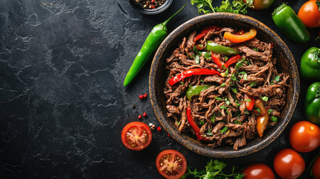 Top view of a traditional Cuban ropa vieja, shredded beef with peppers and tomatoes, with space for text.の素材