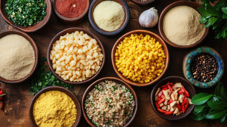 Top view of a colorful Brazilian farofa, toasted cassava flour with various ingredients, perfect for a side dish display.の素材