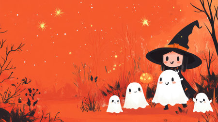 Adorable cartoon ghosts and a friendly witch in a Halloween scene, with ample space for text.の素材