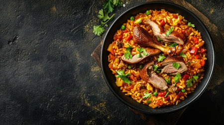 Top view of a traditional Peruvian arroz con pato, a flavorful duck and rice dish, with room for textの素材