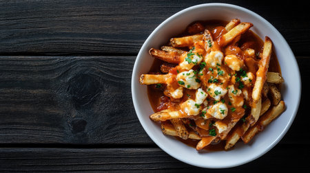 Top view of a Canadian poutine dish with crispy fries, cheese curds, and gravy, with room for text.の素材