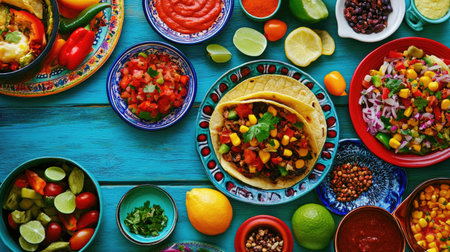 Top view of a colorful Mexican taco spread with fresh ingredients, perfect for a vibrant food display.の素材
