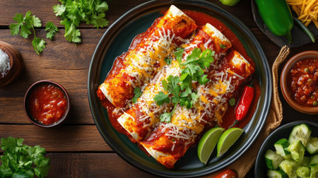 A plate of Mexican enchiladas with red sauce, cheese, and fresh garnishes, viewed from above.の素材