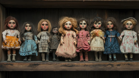Creepy dolls lined up on a shelf, dark background, copy spaceの素材